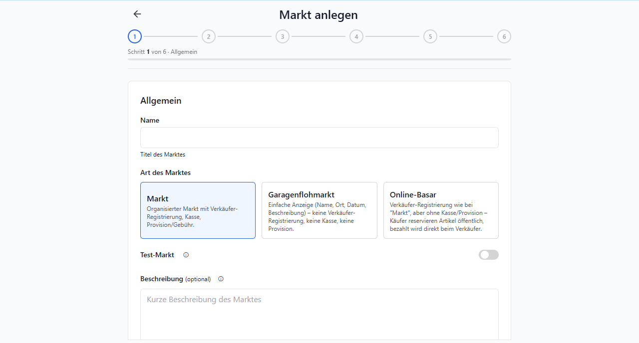 Markt anlegen in Basarchef: sechs Schritte von Name und Marktart bis zu Gebühren und Helfern. Danach steht die öffentliche Marktseite.