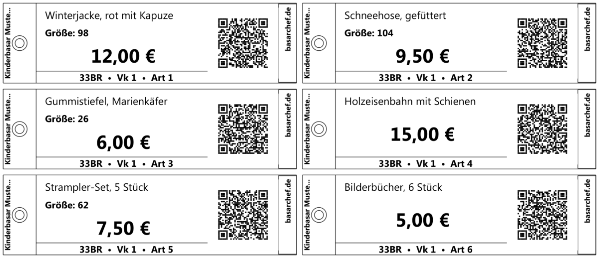 Der Etikettenbogen: zwanzig Etiketten je A4-Seite, zum Ausschneiden entlang der Linien. Ausdruck auf festem Papier, dann mit Etikettierpistole oder Sicherheitsnadel an die Ware.