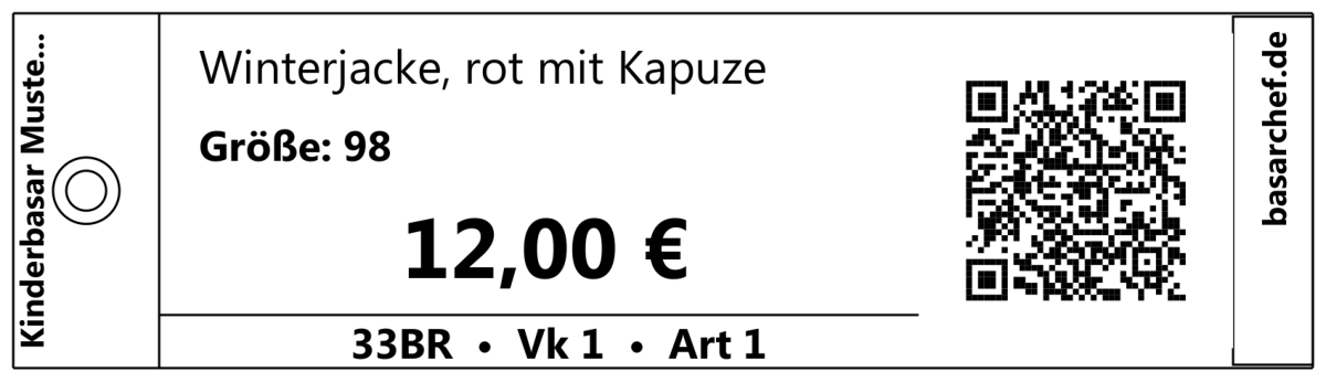 Beispiel-Etikett von Basarchef mit Artikelname, Größe, Preis, Verkäufernummer und QR-Code
