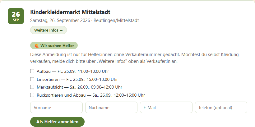 Die öffentliche Helferanmeldung auf der Website eines Vereins: Schicht ankreuzen, Name und E-Mail eintragen, fertig. Kein Konto nötig.